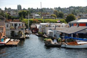 Painting of waterfront and seashore line houses in the Seattle area